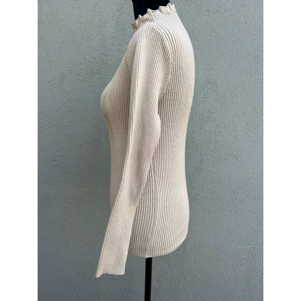 Tan Beige Ribbed Mock Neck Ruffle Lettuce Trim Chevron Knit Sweater Womens